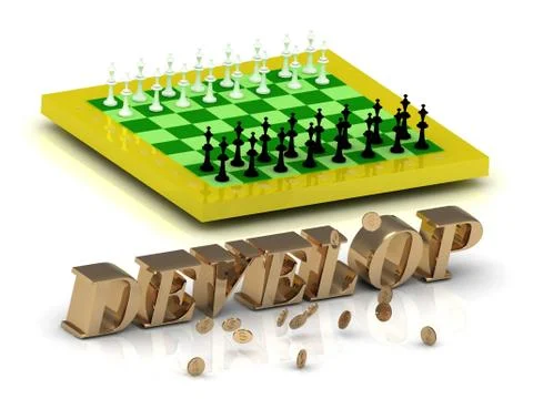 DEVELOP- bright gold letters money and yellow chess on white background Stock Illustration