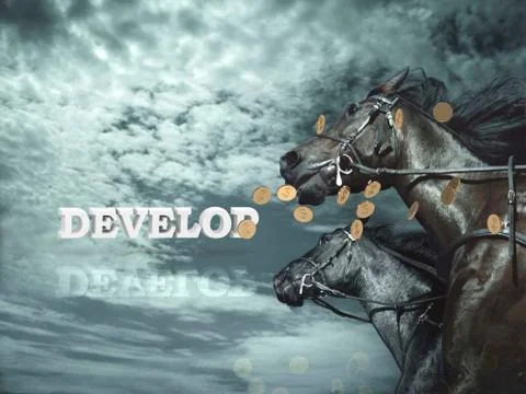 DEVELOP  Bright word, Black horse and blackenning horsy on background sky and Stock Illustration