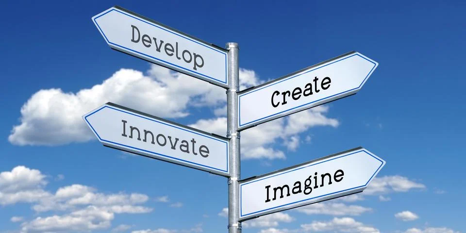 Develop, create, innovate, imagine - metal signpost with four arrows 스톡 일러스트