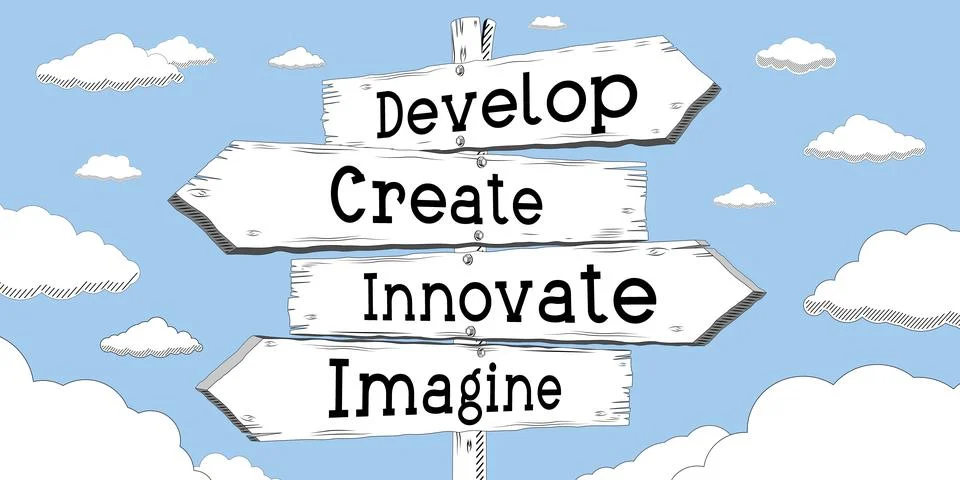 Develop, create, innovate, imagine - outline signpost with four arrows Stock Illustration