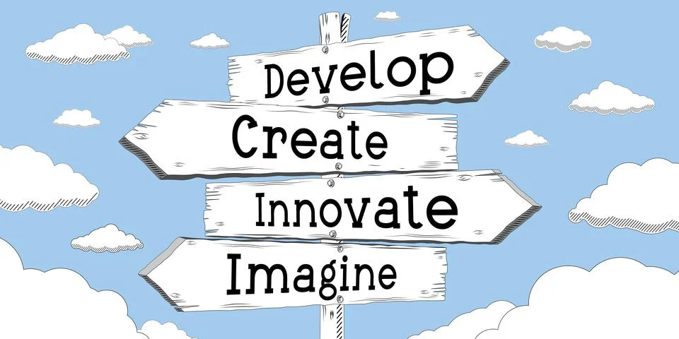 Develop, create, innovate, imagine - outline signpost with four arrows Stock Illustration