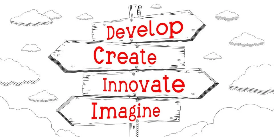 Develop, create, innovate, imagine - outline signpost with four arrows Stockillustratie