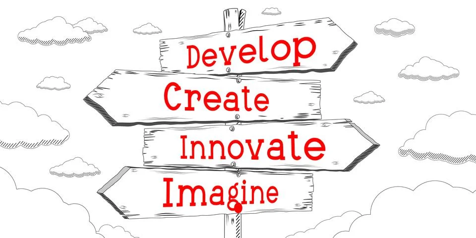 Develop, create, innovate, imagine - outline signpost with four arrows Stockillustratie