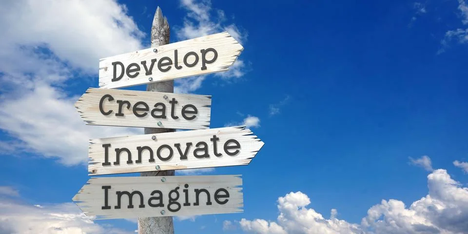 Develop, create, innovate, imagine - wooden signpost with four arrows Illustrazione stock