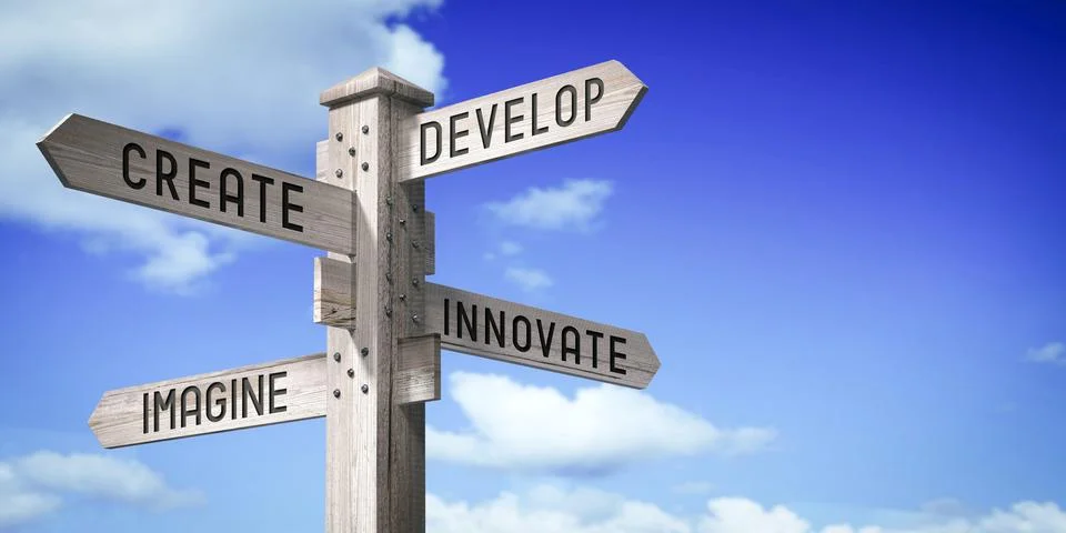 Develop, Create, Innovate, Imagine - wooden signpost with four arrows - 3D .. イラスト素材