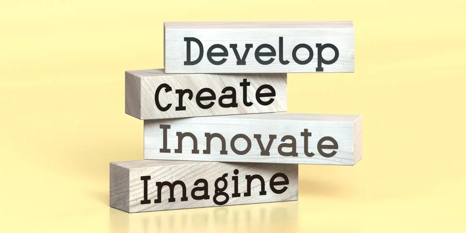 Develop, create, innovate, imagine - words on wooden blocks Illustrazione stock