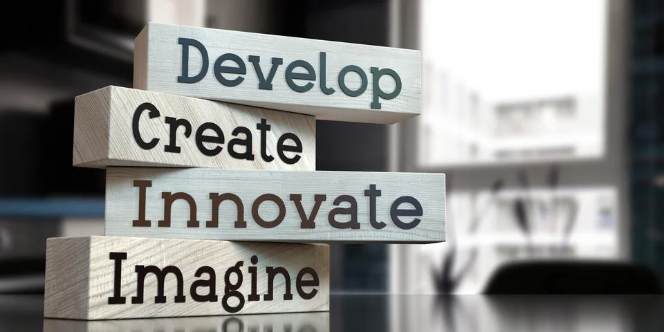 Develop, create, innovate, imagine - words on wooden blocks 스톡 일러스트