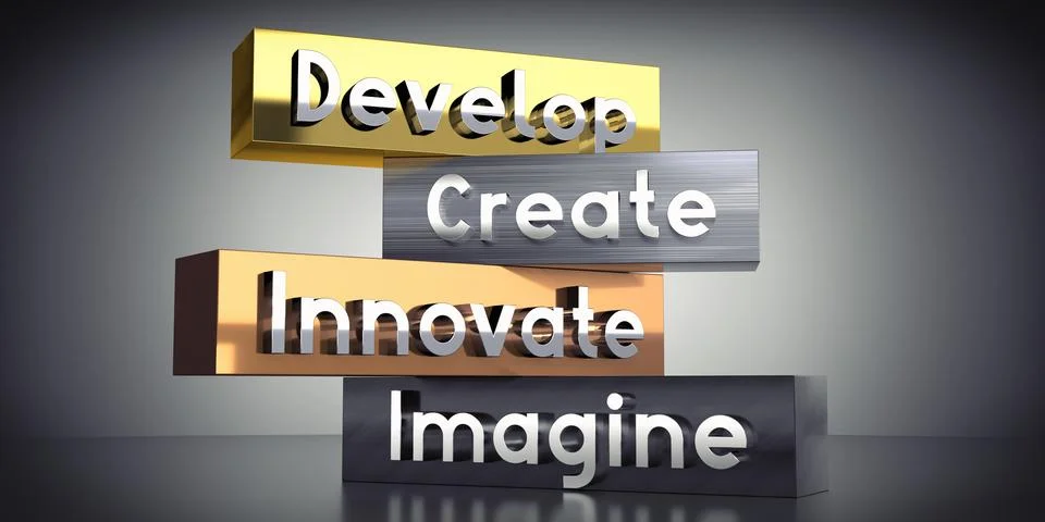 Develop, create, innovate, imagine - words on metal blocks - 3D illustration Stock Illustration