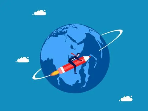 Develop global knowledge. Businessman flies on a pencil rocket around the wor イラスト素材
