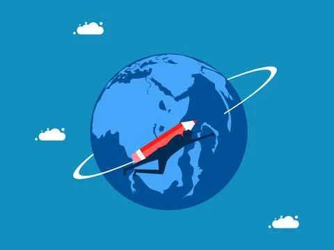 Develop global knowledge. man flies on a pencil rocket around the world 스톡 일러스트