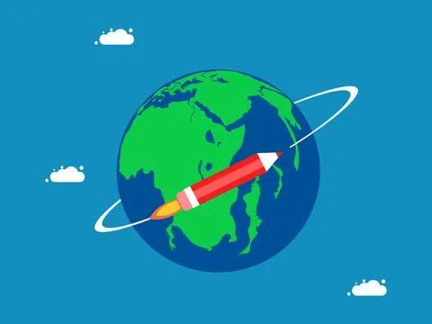 Develop global knowledge. Pencil rocket flies around the world 스톡 일러스트