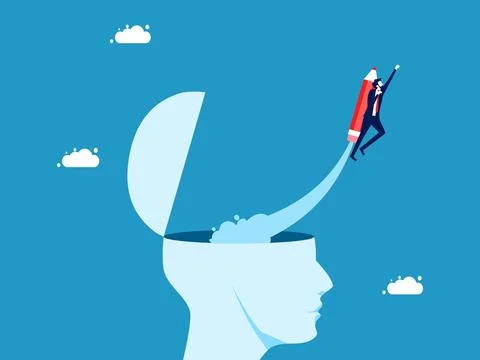 Develop ideas. Businessman flying with pencil out of human head Illustrazione stock