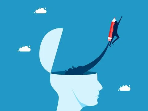 Develop ideas. man flying with pencil out of human head Stock Illustration
