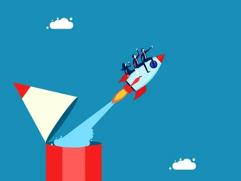 Develop innovation. Business team flying with rocket soaring from pencil Illustrazione stock