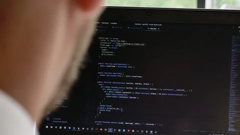 Develop internet project. Closeup coding on screen, hands type html code. Stock Footage 248221567