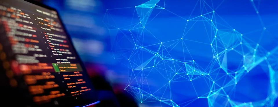 Develop internet project. Code and programming on screen laptop. Foto stock