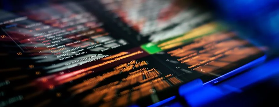 Develop internet project. Code and programming on screen laptop. Foto stock