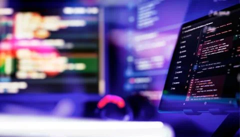 Develop internet project. Code and programming on screen laptop. Stock Photos