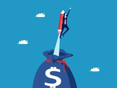 Develop investment knowledge. Businessman flies with a pencil out of a money  Ilustración de archivo