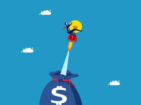 Develop investment knowledge. Businessman flying with a light bulb out of a m 스톡 일러스트