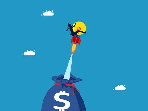 Develop investment knowledge. man flying with a light bulb out of a money bag 스톡 일러스트