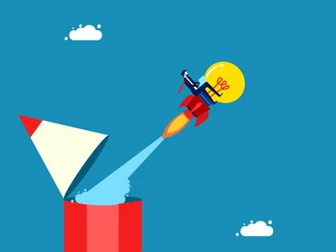 Develop knowledge and imagination. Businessman drives a rocket light bulb o.. Illustrazione stock