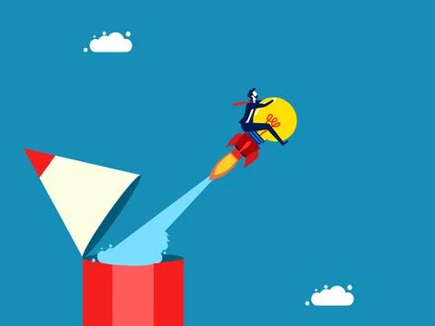 Develop knowledge. Businessman drives a rocket light bulb flying out of a p.. イラスト素材