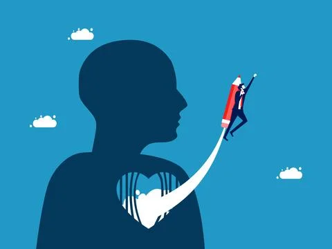 Develop mind. Businessman flies with pencil out of heart prison Stock Illustration
