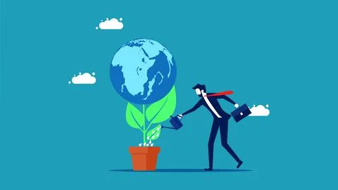 Develop or conserve the world. Businessman planting a world tree Illustrazione stock