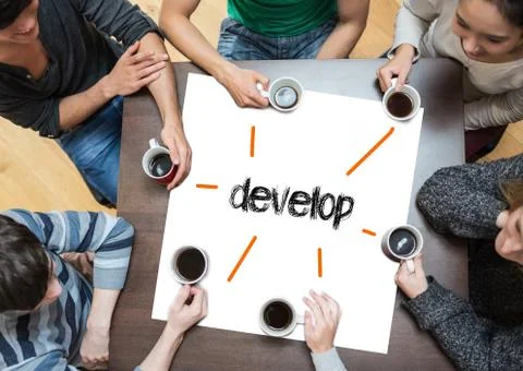 Develop on page with people sitting around table drinking coffee Stock Photos