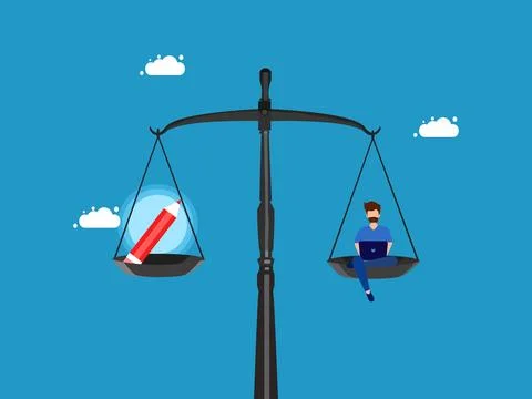 Develop programs with creativity. man working on laptop and pencil on scale Stock Illustration