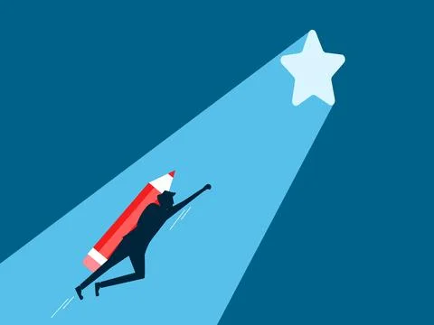 Develop success. man flying with pencil heading towards star gate with beam o Illustrazione stock