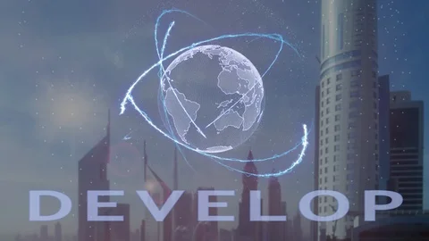 Develop text with 3d hologram of the planet Earth against the backdrop of the Stock Footage 98850948