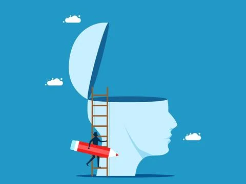 Develop thinking. Businessman holds pencil on his big head Stock Illustration