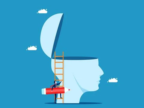 Develop thinking. Businessman holds pencil on his big head Stock Illustration