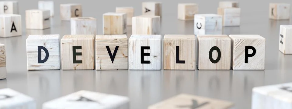 Develop - word on wooden blocks - 3D illustration 스톡 일러스트