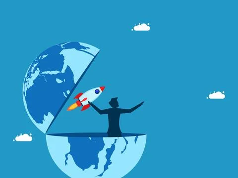 Develop world innovation. businessman throws a rocket out of the world Illustrazione stock