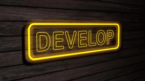 Develop yellow color neon fluorescent tubes signs on wooden wall. 3D renderin 스톡 일러스트