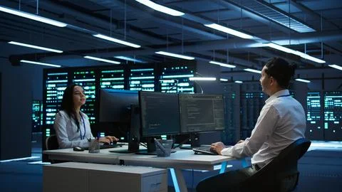 Developer and coworker overseeing data center Foto stock