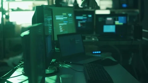 Developer and hacker workstation with multiple screens Video stock 92153722