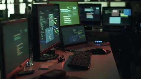 Developer and hacker workstation with multiple screens Stock Footage 92153730