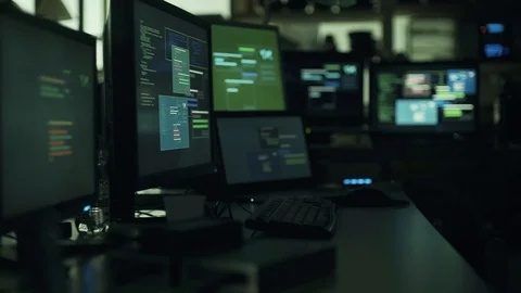 Developer and hacker workstation with multiple screens Video stock 92153754