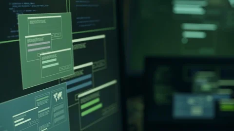 Developer and hacker workstation with multiple screens Video stock 92153816