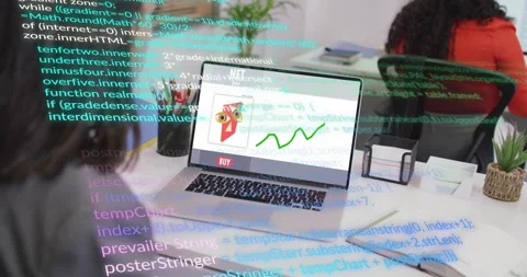 Developer clicking BUY button on NFT interface and watching animated code and Stock Footage 317841683