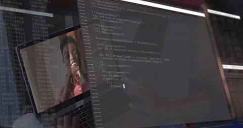 Developer clicking laptop expanding transparent code overlay working on Stock Footage 318626447
