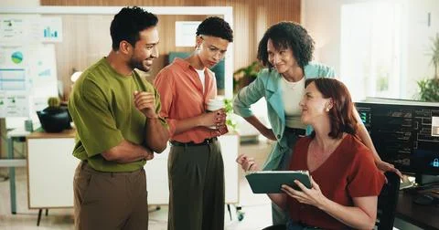 Developer, code and tablet with business people in office for data system a.. Stockfoto's