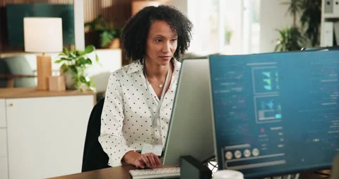 Developer, code and woman with computer screen in office for web development, Stock Footage 330047776