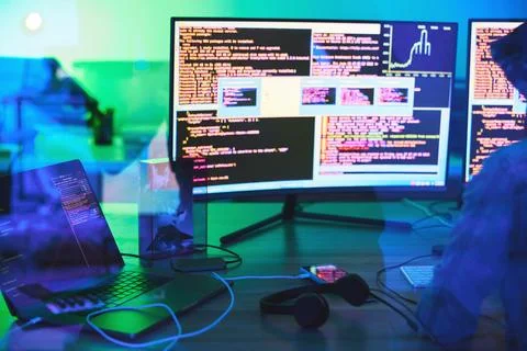 Developer, code or computer screen in neon programming, cybersecurity ransomware Stock Photos