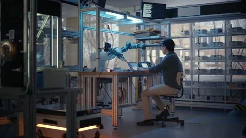 Developer Coding And Manipulate Of Robot Arm Stock Footage 187587010