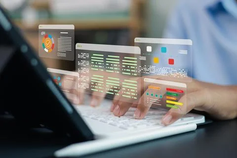 Developer coding data analysis dashboard on laptop with virtual interface, .. Stockfoto's